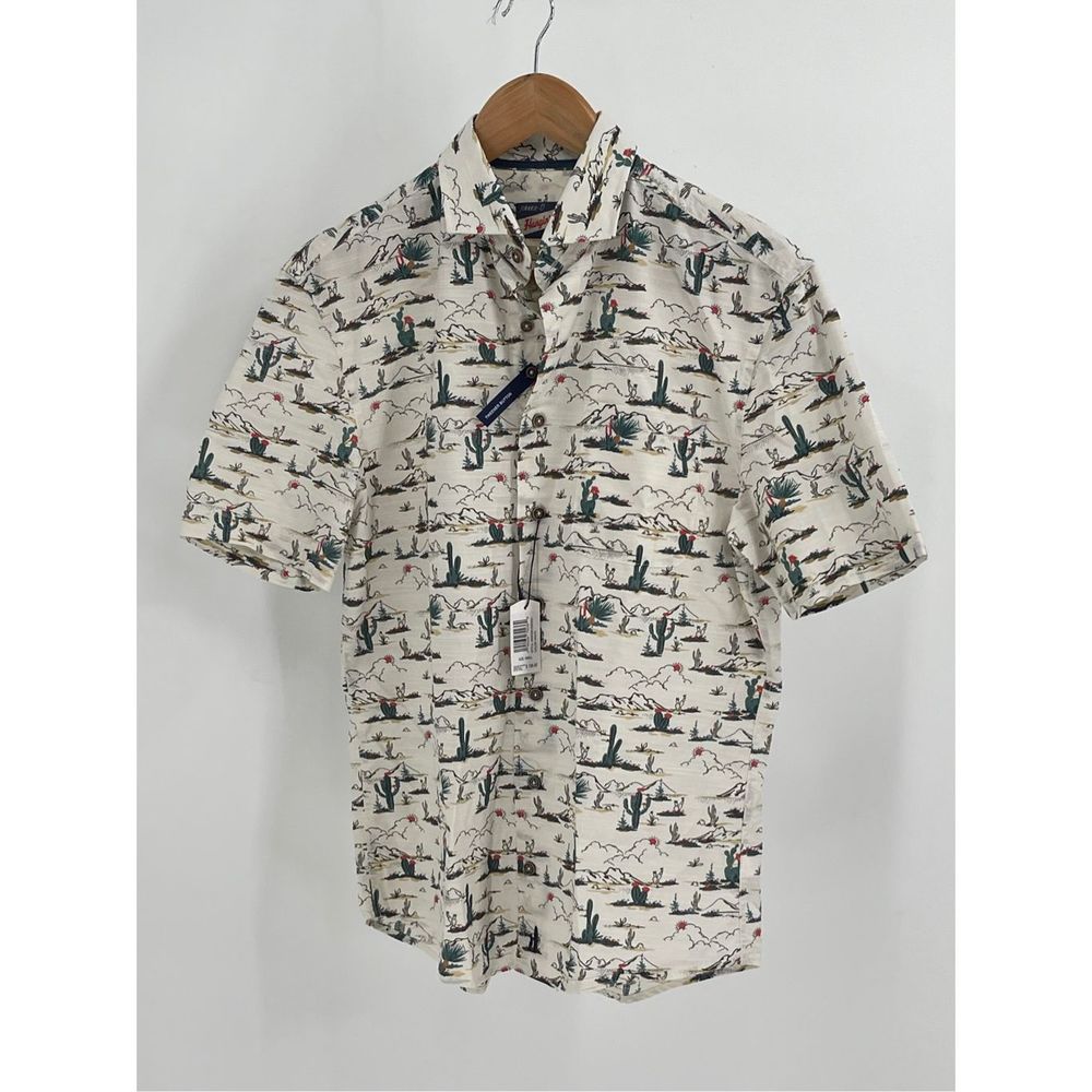 Johnnie O Button Down Shirt Ezekiel Men's Small White Cactus Short Sleeve New‎